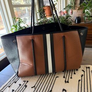 HAUTE SHORE Brown and Black Tote with White Stripes